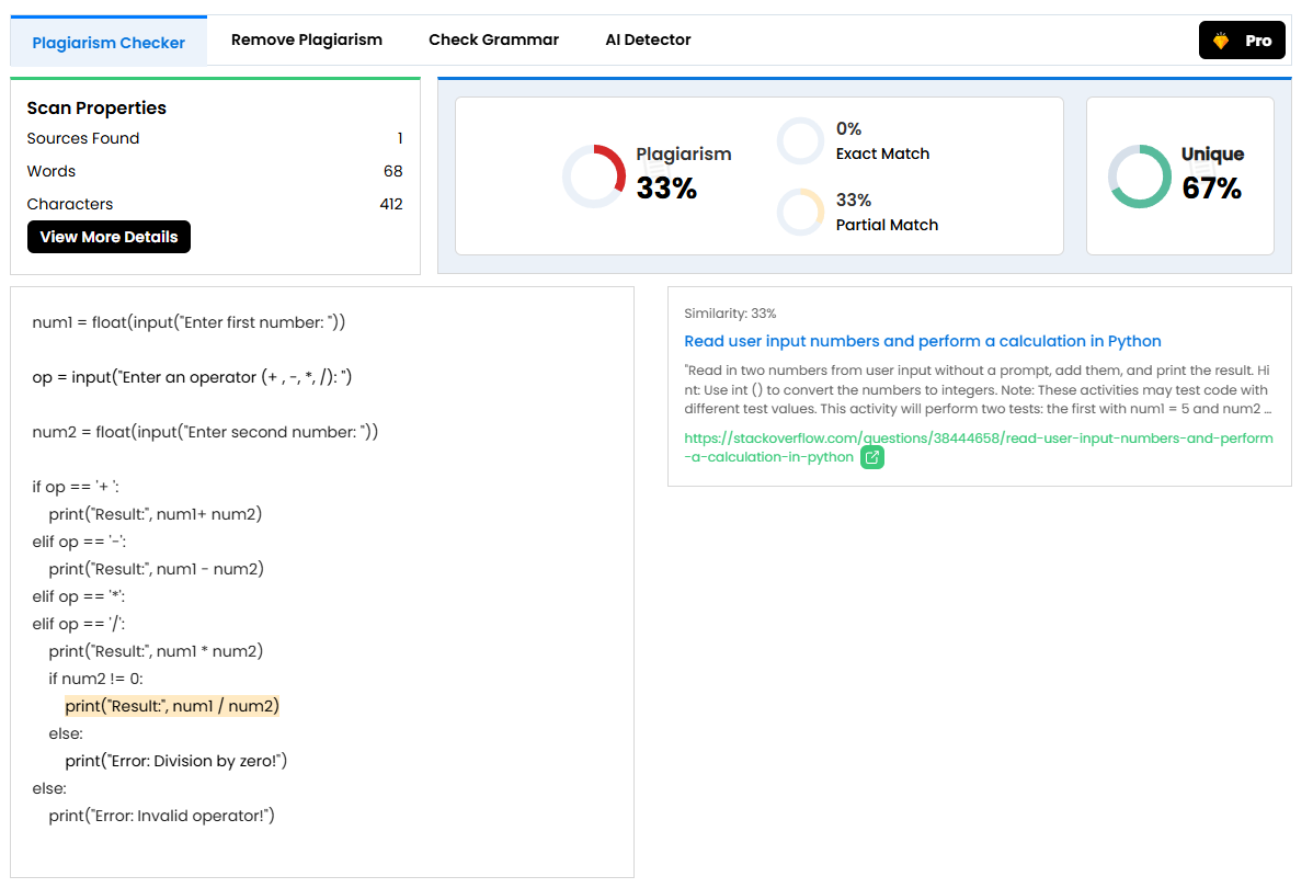 Plagiarism check results